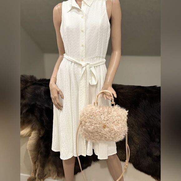 Beige Genuine Curly Shearling Top Handle & Fold Over Flap Purse, Crossbody - Picture 9 of 13